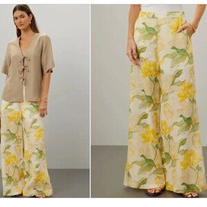 Christy Lynn Marta Pants Trousers Linen Wide-Leg Yellow Floral Size XL *FLAW